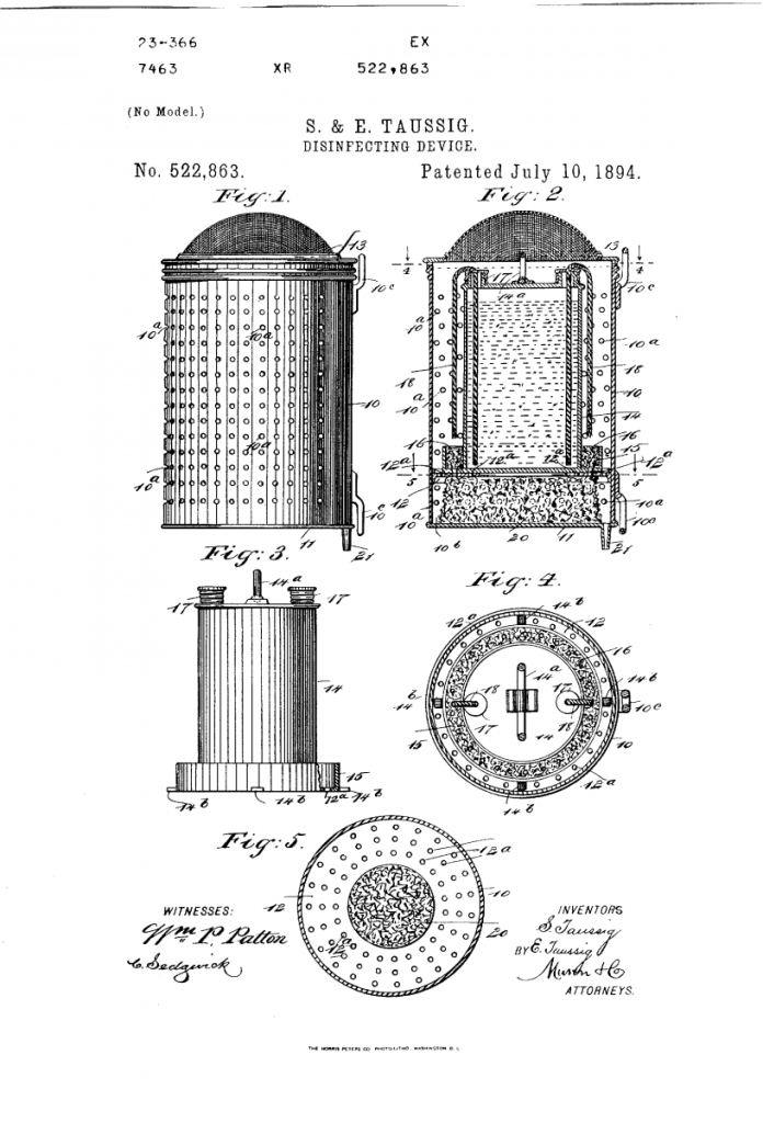 Patent sketches for Taussigs early soap dispensers