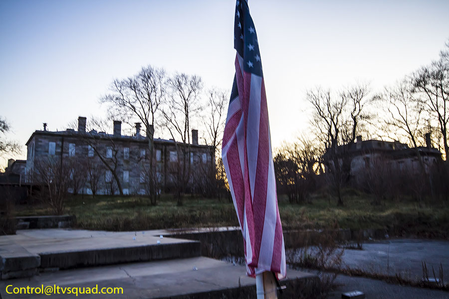 US Flag outside the 9/11 memorial prototype at the Brooklyn Navy Yard